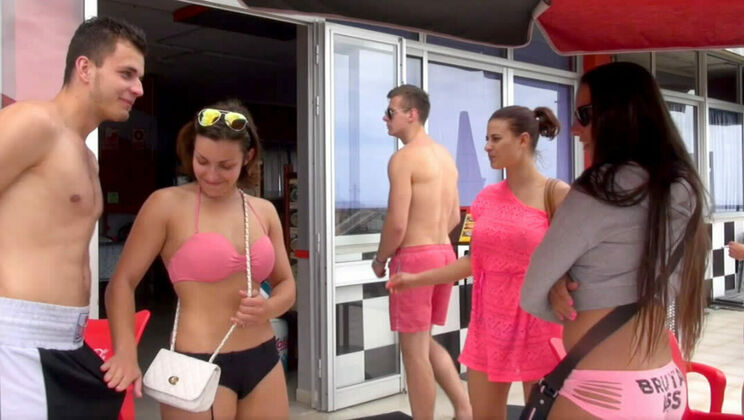 Dirty Brunette Chick Gets Hardcore with Guys in Car