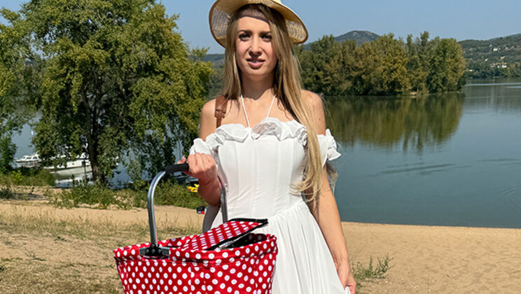 Adriana Sweet Blonde Gives Blowjob at Riverside Picnic